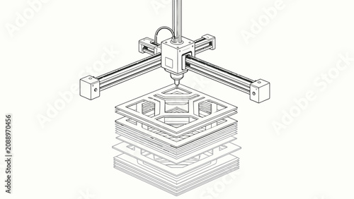 Isometric Clean Monochrome Technical Line Art of Cartesian Gantry 3D Printer Nozzle Fabricating Stacked Layered Geometric Lattice Component via Additive Manufacturing