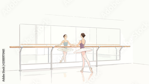 Soft minimalist line art illustration of a young ballerina practicing at a wall-mounted ballet barre, facing her reflection in a bright empty white dance studio with calm quiet atmosphere