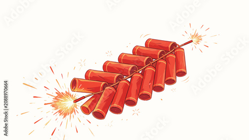 Festive hand-drawn illustration of a string of traditional red Chinese firecrackers lit at both ends, with fizzing bright golden sparks on soft off-white background