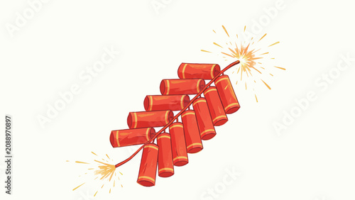Hand Drawn Festive Illustration of a Lit String of Traditional Red Chinese Firecrackers With Gold Trim Sparking At Both Ends On Plain Off-White Background