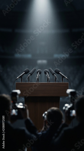 Press conference podium with microphones in stadium