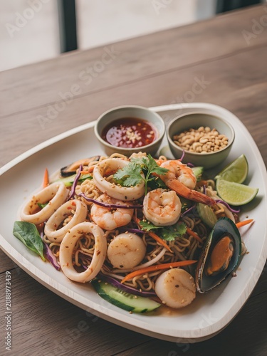Drunken spaghetti served on a triangular white plate, topped with shrimp squid rings, scallops, and mussels.