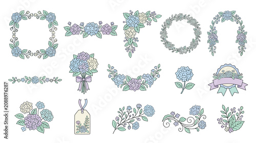 Collection of delicate floral elements and borders featuring hydrangeas in pastel colors, perfect for invitations and decorations.