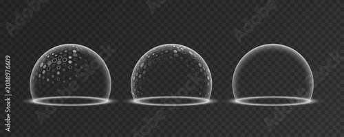 Set of transparent protective dome shields with clean glass effect and hexagonal digital pattern. Futuristic barrier elements suitable for cybersecurity or virtual gaming. Vector illustration.