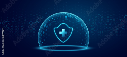 Glowing holographic protective dome shield with medical cross and blue hexagonal pattern for healthcare tech background. Medical security and biotechnology concept. Vector illustration.