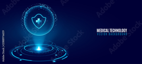 Photos Glowing holographic sphere with a medical shield and cross floating above a high tech HUD circle
