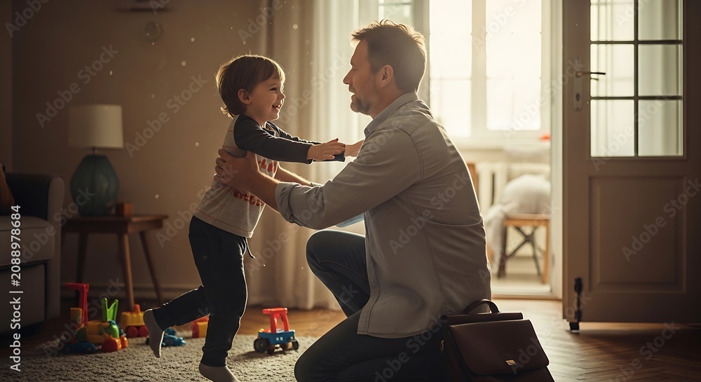 Obraz premium Father greets his young son with a warm hug inside their bright home.