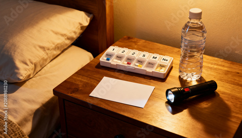 Bedside medicine organizer water and flashlight for storm power outage planning
