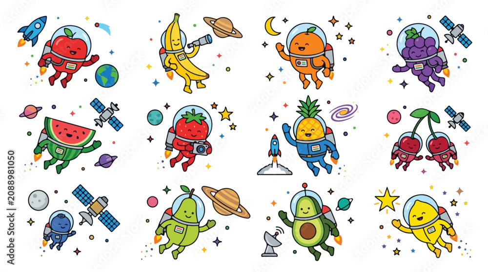 Fototapeta premium Colorful cartoon alien stickers with fruits and space objects on a white background for kids