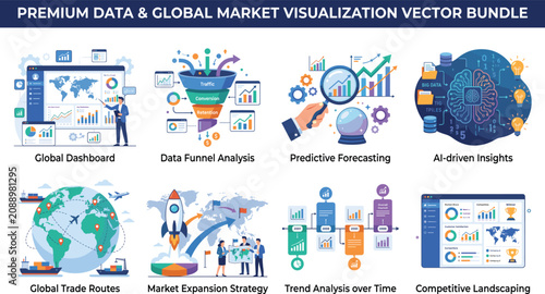 Global Market Analytics and Business Intelligence Vector Illustration Bundle for Data Driven Decision Making