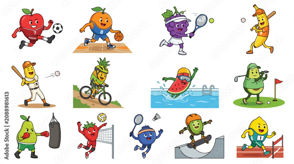 Fototapeta premium Collection of various cartoon fruits engaging in different sports activities and exercises with tennis rackets, bicycles, and skateboards