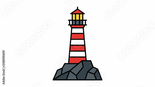 Red and white striped lighthouse illustration on a rocky base for nautical navigation and safety