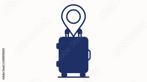 Minimalist blue suitcase icon with location pin representing baggage tracking