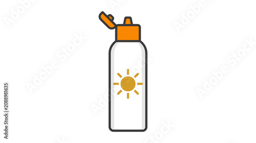Minimalist sunscreen bottle icon with orange cap and sun symbol for summer skin protection and UV care