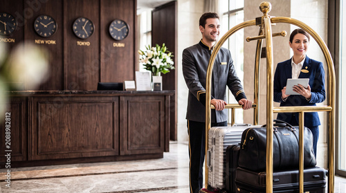 Hotel Concierge Assistance: A smiling male concierge assists a guest with luggage at the hotel reception desk, showcasing excellent customer service and luxury hospitality.