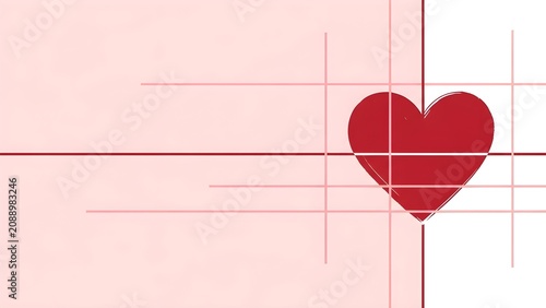 Elegant Red Heart Symbol on Minimalist Geometric Pastel Pink and White Background Featuring Intersecting Lines and Soft Modern Texture