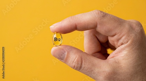 Close up of a hand holding a single oval shaped yellow vitamin b12 capsule with black lettering against a vibrant yellow background with delicately holding translucent solid yellow backdrop wellness