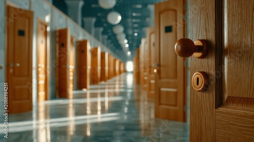 A corridor lined with numerous wooden doors, one door slightly open in the foreground, reflecting light on a polished floor under a ceiling with spherical lights.