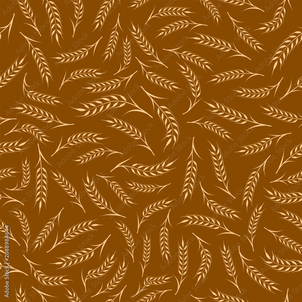 Fototapeta premium Wheat seamless pattern background. Rice or wheat ears endless wallpaper on brown background