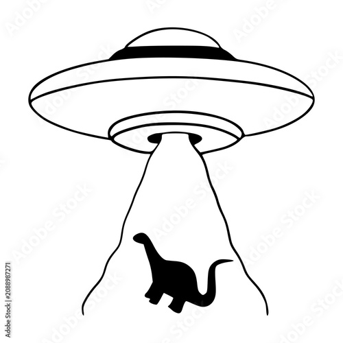Foto simple line art doodle of a flying saucer spaceship kidnapping a dinosaur