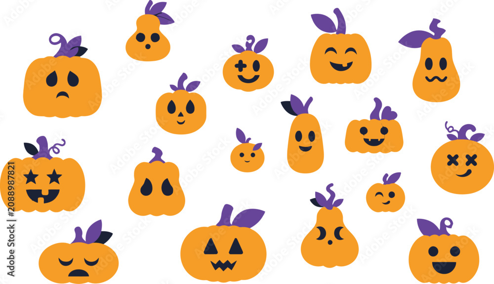 Fototapeta premium Happy Halloween Carved Pumpkins with Various Emotional Faces Design