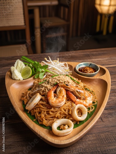 Pad Thai seafood served on a fresh green banana leaf inside a rustic wooden triangular tray. The dish features noodles garnished with shrimp (Penaeus spp.), squid rings, and crushed peanuts.