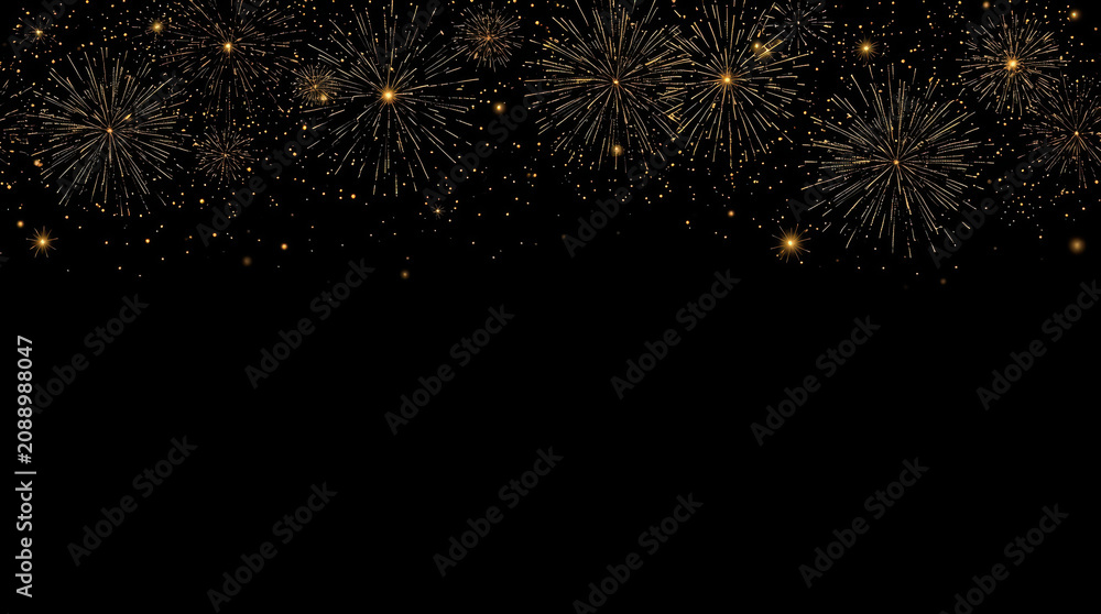 Fototapeta premium Golden fireworks night sky celebration with sparkling bursts and glowing particles