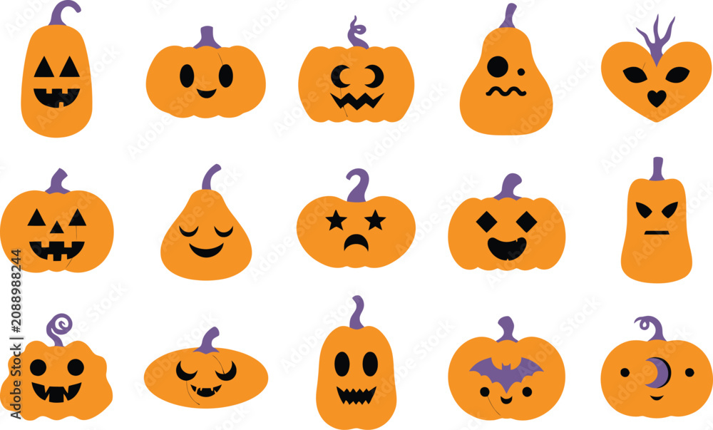 Fototapeta premium Happy Halloween pumpkins with various funny carved faces designs transparent background