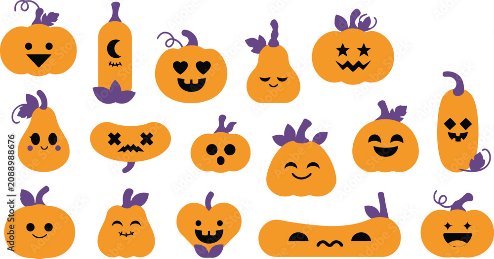 Fototapeta premium Cute Halloween carved pumpkins with various funny and spooky faces design