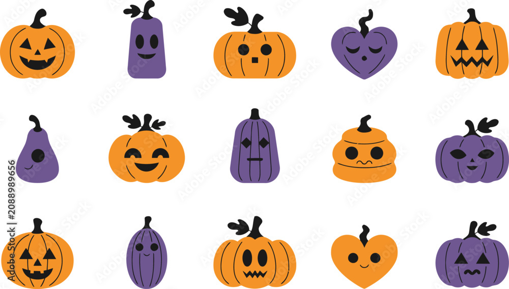 Fototapeta premium Happy Halloween Pumpkins and Eggplants with Carved Faces and Smiley Expressions
