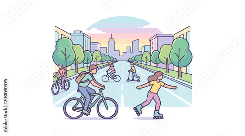 Fotografie People enjoying outdoor activities in a city street with bicycles and rollerblad