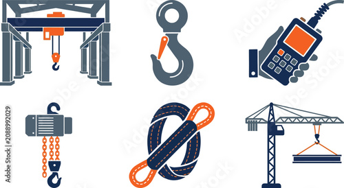 Bild auf Leinwand Collection of industrial crane and lifting equipment icons including hooks hoist