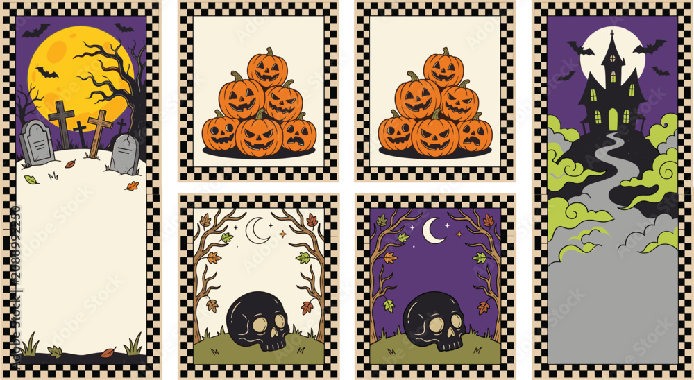 Fototapeta premium Retro Halloween Banner and Card Template Set Featuring Vintage Style Haunted House Graveyard Pumpkins and Skulls with Checkerboard Borders for Spooky Event Designs