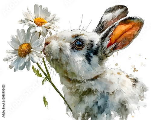 Watercolor painting of a cute rabbit sniffing white daisies