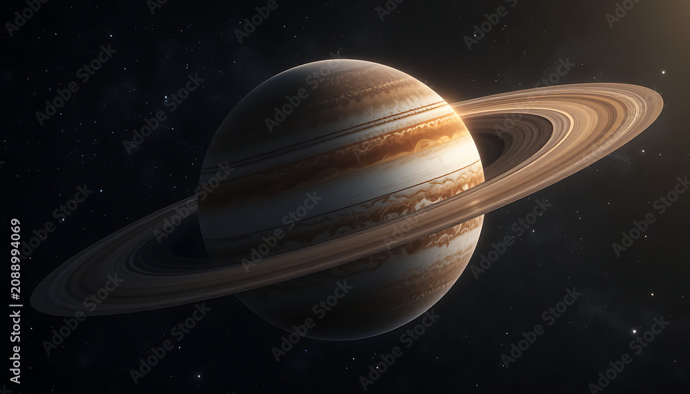 Naklejka premium Planet Saturn with wide ring system composed of ice and rock particles surrounding sphere with swirling brown beige and white atmospheric bands illuminated against dark starry space