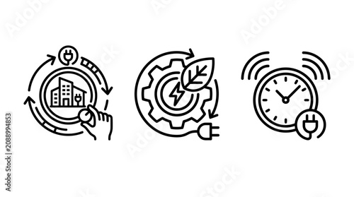 Sustainable energy and efficient consumption icon set for modern business with efficiency sustainability business environment consumption management electric technology industry infrastructur