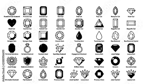 Diamond and Gemstone Flat Icon Set Luxury Jewel Vector Collection