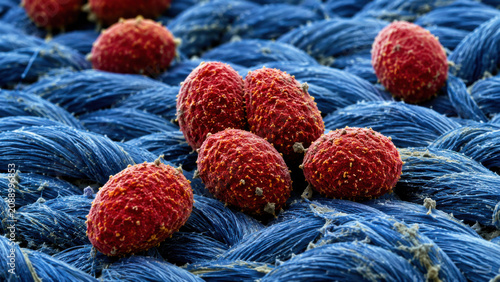 Colorful scanning electron microscopy image of red rounded fecal pellet on blue woven textile fiber, false color microscopy detail