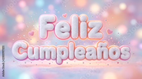 Soft Dreamy Pink Pastel Feliz Cumpleanos Typography Graphic On Blurred Bokeh Background