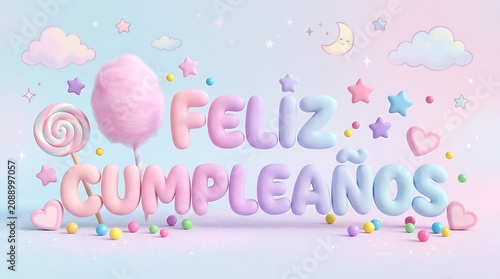 Pastel Pink Cute Feliz Cumpleanos 3D Text With Cotton Candy And Clouds