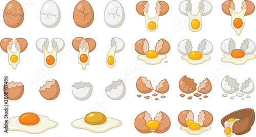 Bild auf Leinwand Broken and Cracked Chicken Eggs Vector Set with Raw Yolk, Shell Fragments, and F