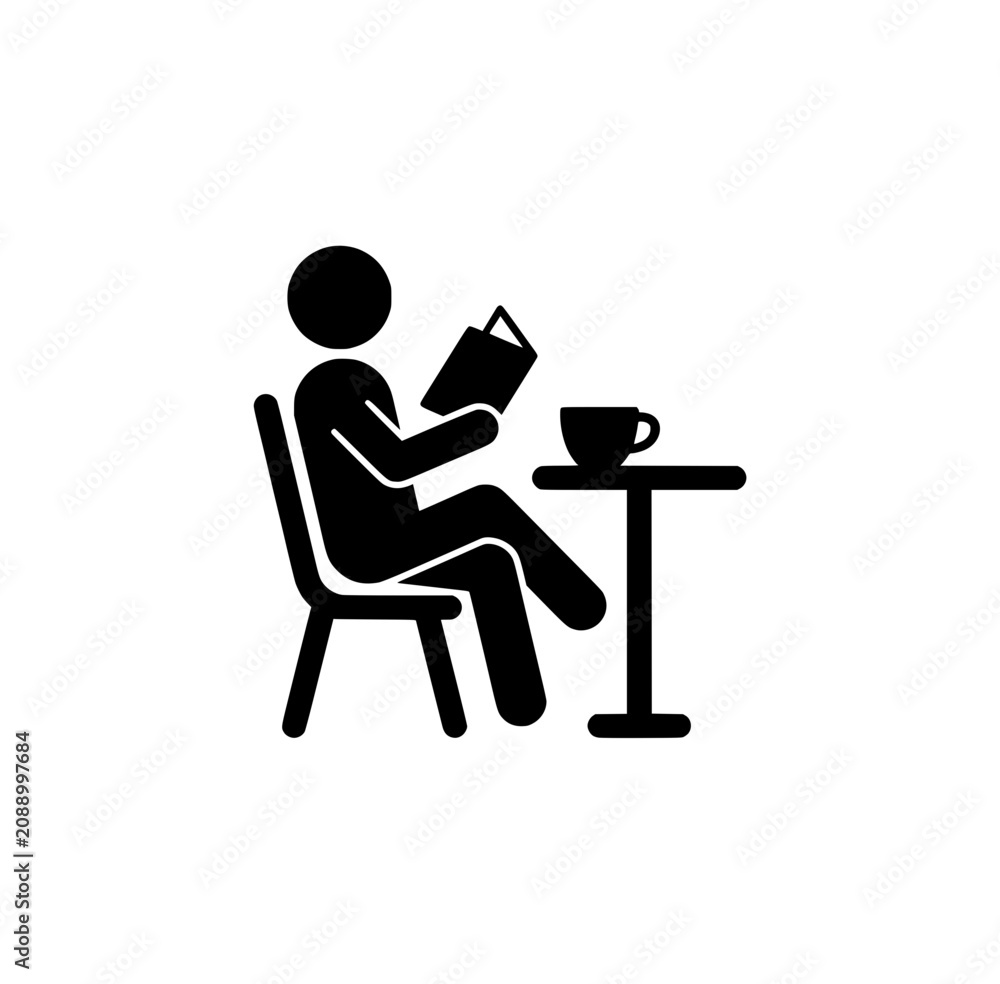 Fototapeta premium Stick Figure Reading Book at Cafe Table Icon. Minimalist Vector Illustration of Person Relaxing with Coffee and Literature.