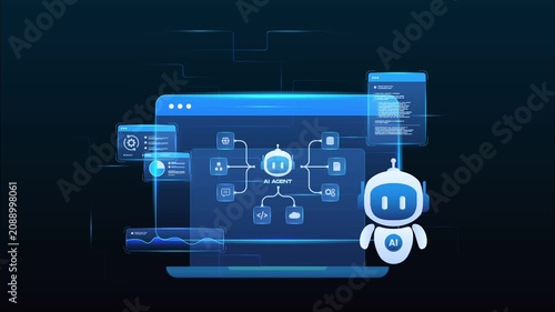 Futuristic AI workflow automation dashboard with ai agent assistant, coding panels and data analytics dashboard, looped animation