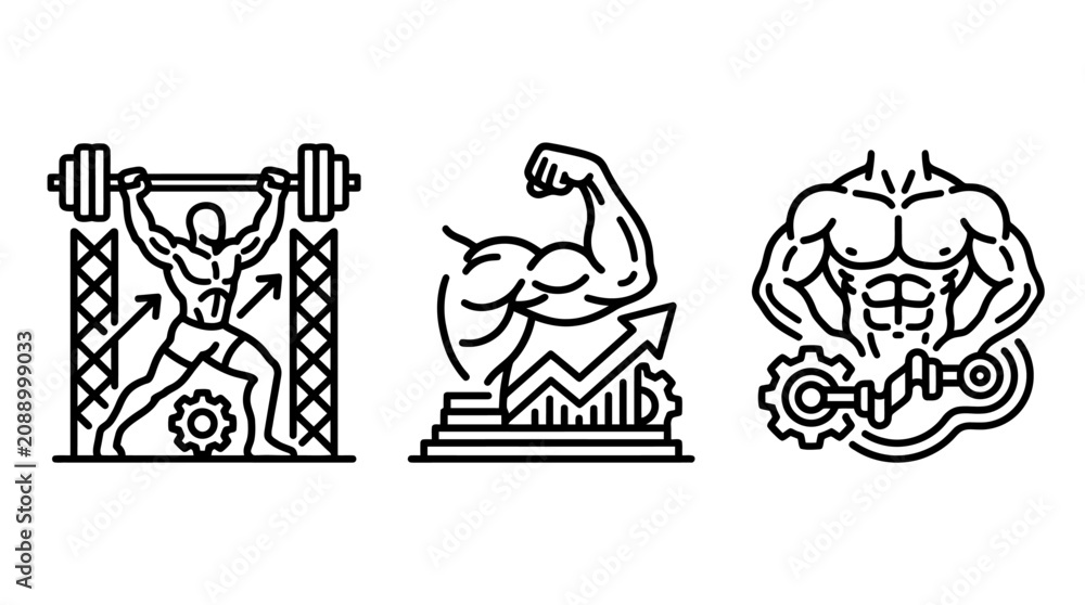 Fototapeta premium Set of heavy weightlifting and muscle building icons with weightlifting bodybuilding strength training exercise physique performance development improvement powerlifting physical wellness