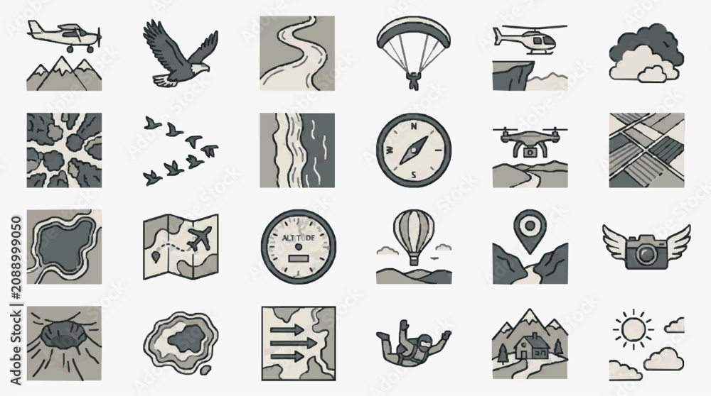 Obraz premium Creative Monochromatic Flat Set of 20 Unique Aviation Weather Navigation and Adventure Icons with high quality professional line art symbols for modern creative design and digital branding projects