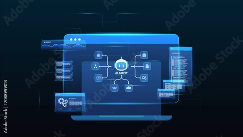 Futuristic AI automation workflow network diagram dashboard system processing flow with automation pipelines, analytics dashboards, code modules and automation system, looped animation