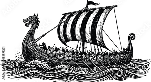 Illustration of a traditional Viking longship with a dragon head prow sailing on ocean waves