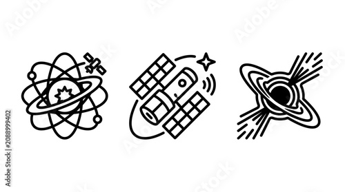 Astronomy and celestial phenomena line art icons set with satellite astronomy celestial universe exploration research technology singularity illustration minimalist astrophysics discovery