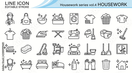 Line Icons: Comprehensive set of common housework tasks including cleaning, laundry, cooking, ironing, vacuuming, and dishwashing in editable stroke
