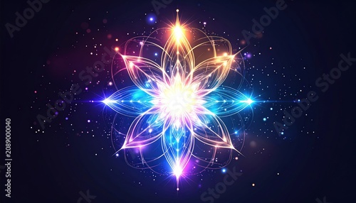 Abstract cosmic flower with glowing petals and stardust.